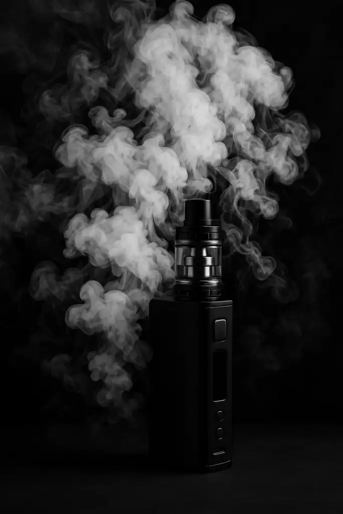фото вейпа и белого дыма на чёрном фоне